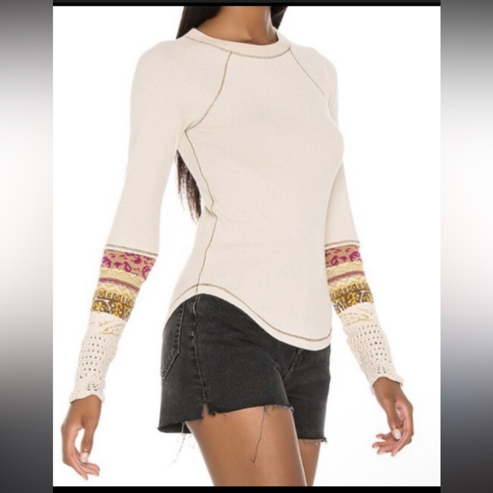Free People In The Mix Cuff Thermal Long Sleeve Waffle Knit Top Size Medium